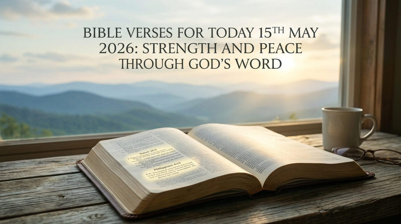 Create a peaceful, faith-inspired featured image for a Christian spirituality blog. Include an open Bible resting on a wooden table, soft sunlight illuminating the pages, mountains in the distance, calm sky, gentle glow, symbolizing trust, faith, and God’s guidance. The image should visually reflect the theme of the article titled “Bible Verses for Today 15th May 2026: Strength and Peace Through God’s Word” , conveying peace, reassurance, and hope.