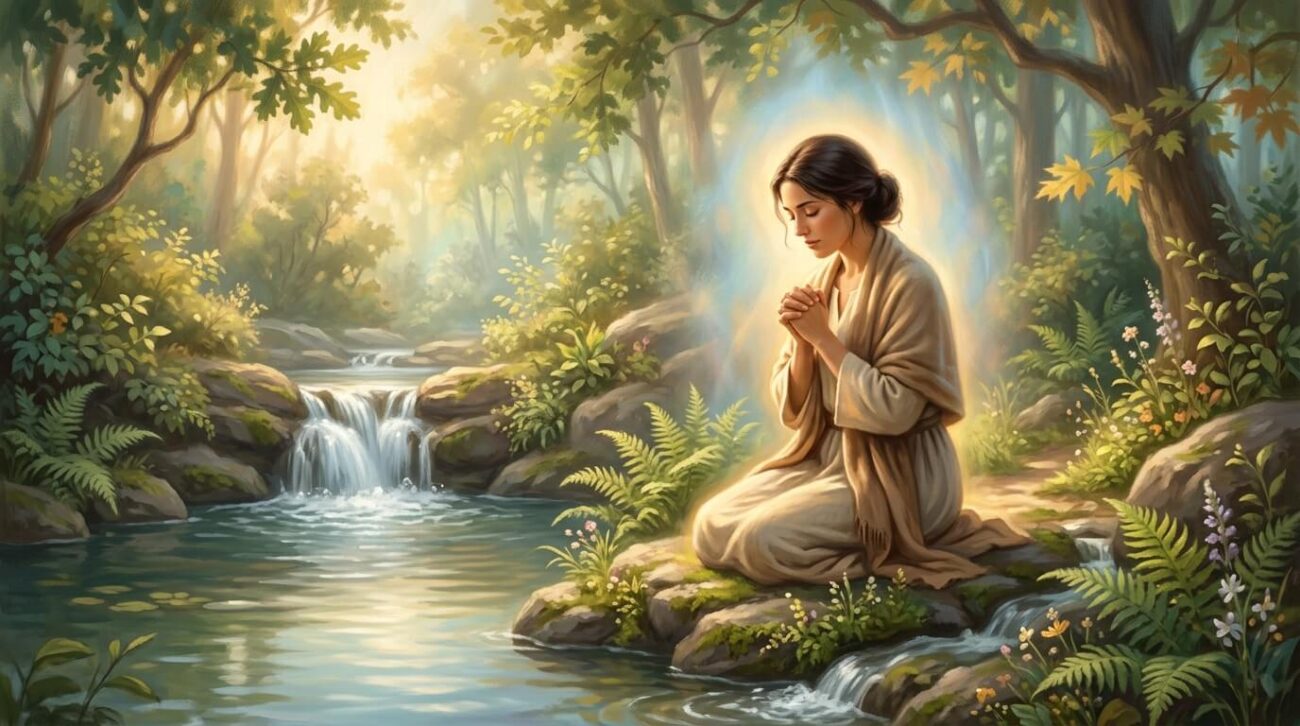 Create a calm, faith-inspired featured image for a Christian spirituality blog. Include a peaceful figure sitting quietly in prayer, soft glowing light surrounding them, nature elements like flowing water and greenery, symbolizing healing, restoration, and God’s comfort. The image should reflect the theme of the article titled “Prayer for Today 6th June 2026: A Prayer for Emotional Healing and Self Control” , conveying hope, warmth, and divine care.